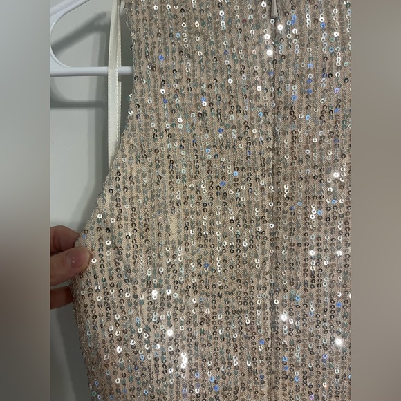 Ieena for Mac Duggal SEQUINED HIGH NECK SIDE KNOT GOWN in nude silver - Picture 9 of 11